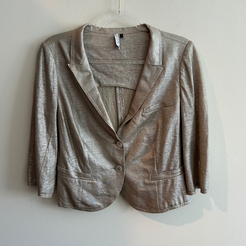 IISLI Blazer Gold Metallic 100% Linen 6 Cropped 3/4 Sleeve Single Button Jacket